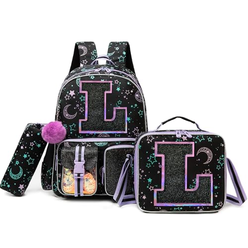 HTgroce Backpacks for Girls School Bag Kids Black Bookbag for Elementary Students Kids Backpack with Lunch Box and Pencil Case - color: Black, style: L