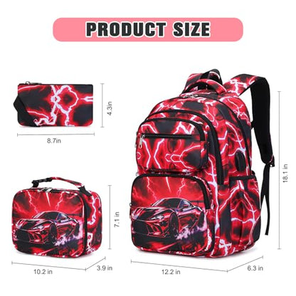 Bevalsa Backpack for Boys, Lightning School Bags with Lunch Bag & Pen Case for Kids, Bookbag for Boys Teens Elementary Middle High School - color: Red Racing Car