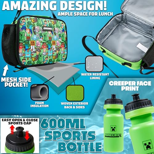 Minecraft Boys Backpack 5 Pc Gift Set, Creeper School Bookbag, Lunch Bag, Water Bottle, Keychain and Lanyard (Green AOP) - color: Green AOP