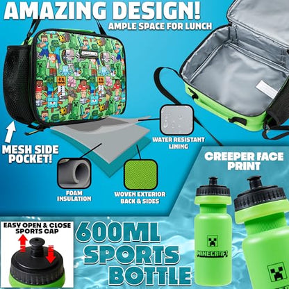 Minecraft Boys Backpack 5 Pc Gift Set, Creeper School Bookbag, Lunch Bag, Water Bottle, Keychain and Lanyard (Green AOP) - color: Green AOP