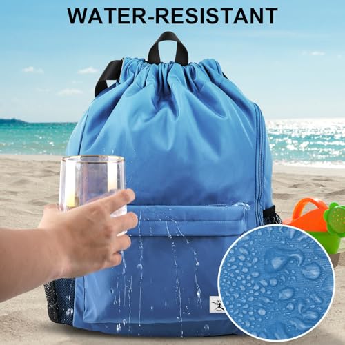 Drawstring Backpack with Mesh Pockets String Gym Bag Sackpack Sandproof Water Resistant Beach Backpack for Men Women - color: Dodger Blue