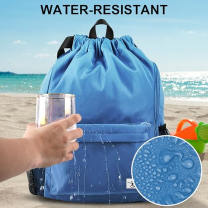 Drawstring Backpack with Mesh Pockets String Gym Bag Sackpack Sandproof Water Resistant Beach Backpack for Men Women - color: Dodger Blue