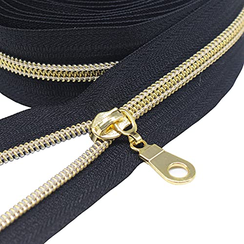 MebuZip #5 Gold Metallic Nylon Coil Zippers by The Yard Bulk Coil Zipper Roll 10 Yards with 25pcs Pulls for DIY Sewing Craft Bags (Black) - color: Gold Black