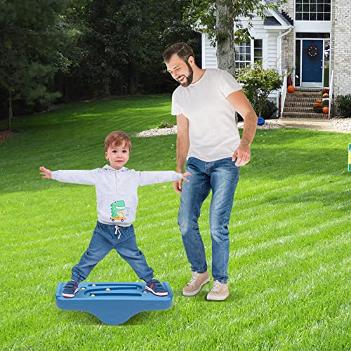 Kids Rocking Seesaw Balance Board with 5 Wooden Balls Sensory Training Rocking Board Balance Training Equipment Children Indoor Outdoor Activity Toy (Blue) - color: Blue