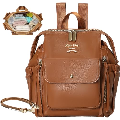 miss fong Small Diaper Bag, Mini Dackpack Leather Diaper Bag Backpack with 12 Diaper Bag Organizer, Insulated Pocket, 2 Insulated Pockets (Brown) - color: Brown