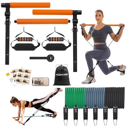 Hommie Portable Pilates Bar Kit with Resistance Bands for Men and Women，Upgraded 3 Section Pilates Bar with Resistance Bands (20-60lb) for Home Gym Equipment Supports Full-Body