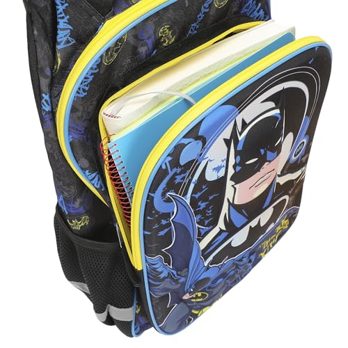 Bioworld Batman Hero Surrounded By Bats 16" Rolling Travel Backpack - color: Blue, Black & Yellow