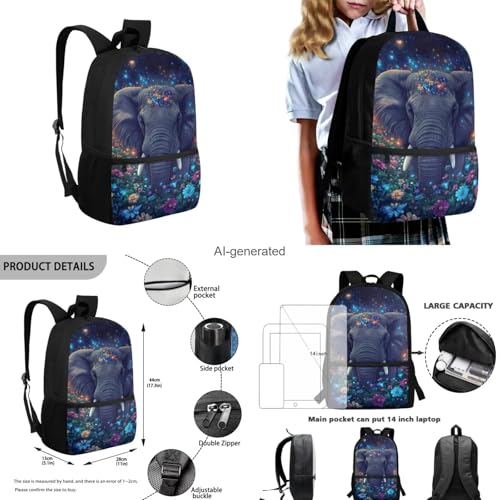 Aesthetic Elephant Backpack for Kids Girls Backpack with Lunch Box Water Bottle Holder and Large Pencil Case 4PCS Set Bookbag with Front Pocket 17 inch Lightweight School Bag with Side Pocket - color: Aesthetic Elephant