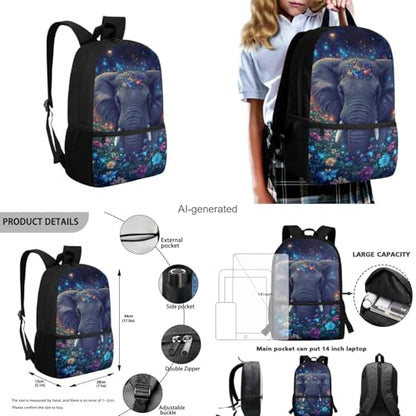 Aesthetic Elephant Backpack for Kids Girls Backpack with Lunch Box Water Bottle Holder and Large Pencil Case 4PCS Set Bookbag with Front Pocket 17 inch Lightweight School Bag with Side Pocket - color: Aesthetic Elephant