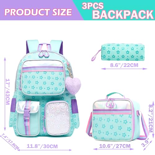 Meetbelify Aesthetic Backpack with Lunch Box Pencil Case for Elementary Students - Cute Bookbag for Girls 8-10 - color: Star Green 3pcs
