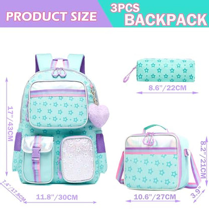 Meetbelify Aesthetic Backpack with Lunch Box Pencil Case for Elementary Students - Cute Bookbag for Girls 8-10 - color: Star Green 3pcs