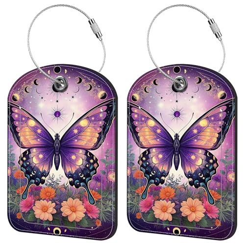 2 Pack Cute Luggage Tag for Suitcases Bright Night Butterflies Leather Luggage Tags with Stainless Steel Loop Privacy Flap Name Tags,Men and Women Travel Bag Suitcase Tags - color: Bright Night Butterflies