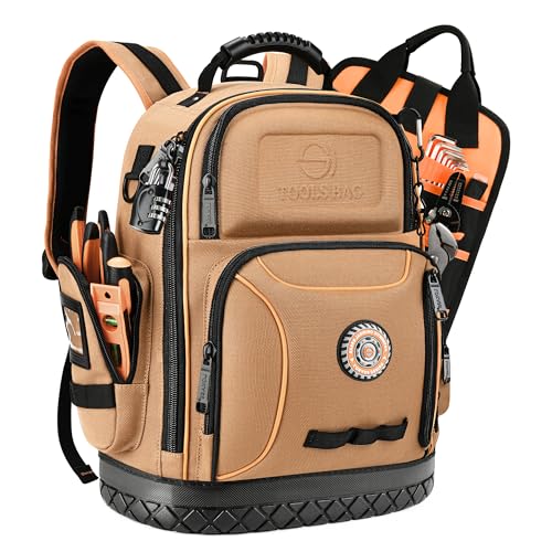 Backpack Tool Bag Heavy Duty, Electrician Tool Backpacks for Men HVAC Construction Work, 75 Pockets & Loops Tools Organizer with Portable Tool Carrier, Durable Molded Base & Combination Lock - Brown - color: Brown