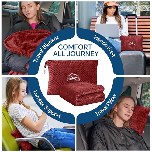 BEDELITE Travel Blanket with Bag, Ultra-Soft Jacquard Fleece Blanket with Luggage Sleeve & Backpack Clip, Airplane Blanket Travel Essentials, Burgundy - color: Burgundy