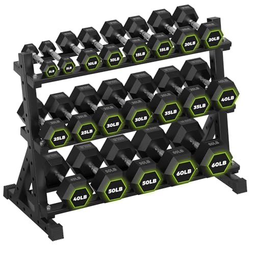 HANDBODE 3-Tier Dumbbell Rack Stand, 1000LB Capacity Storage Rack, Weight Rack for Dumbbells, Kettlebell, 390–700 lb Rubber Coated Fixed Weight Sets, Home Gym Strength Training Equipment - color: 580 lb Set (5-60 lb) *2 & Rack