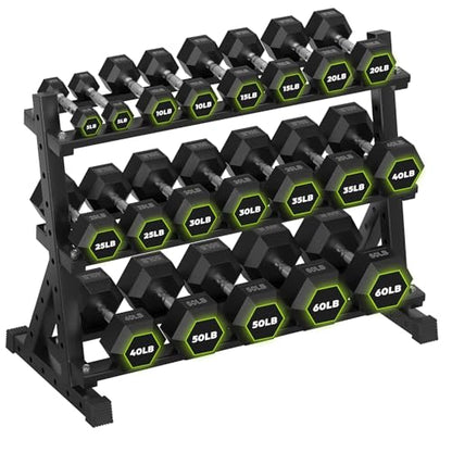 HANDBODE 3-Tier Dumbbell Rack Stand, 1000LB Capacity Storage Rack, Weight Rack for Dumbbells, Kettlebell, 390–700 lb Rubber Coated Fixed Weight Sets, Home Gym Strength Training Equipment - color: 580 lb Set (5-60 lb) *2 & Rack