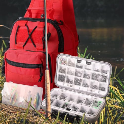 Sosation 482 Pcs Fishing Sling Tackle Bag Set Fish Tackle Box Backpack Storage Fishing Gear and Equipment Included Fish Hook Remover Tool Lures Lip Gripper, Gift for Men - color: Red