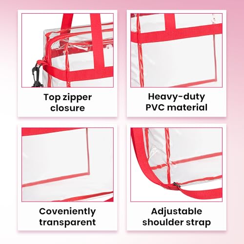 Handy Laundry Clear Bag 12x6x12 Stadium Approved - Transparent Tote Zippered Top & Shoulder Straps for Work, Sports, Concerts - color: Red