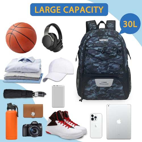 DAFISKY Basketball Backpack Sports Bag | Basketball Bag with Shoe Compartment and Ball Holder, 30L Large gym bag for boys girls - color: CamoBlue