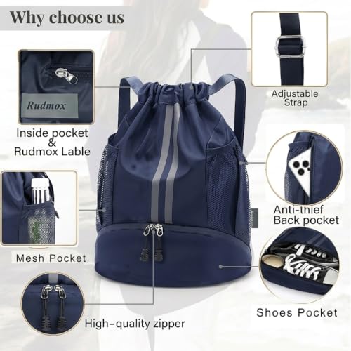 Drawstring Backpack with Shoe Compartment,Water Resistant Sports Gym Bag,String Bag for Men Women,Soccer,Basketball - color: Royal Blue