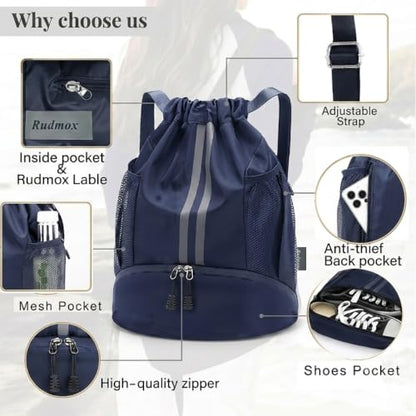 Drawstring Backpack with Shoe Compartment,Water Resistant Sports Gym Bag,String Bag for Men Women,Soccer,Basketball - color: Royal Blue