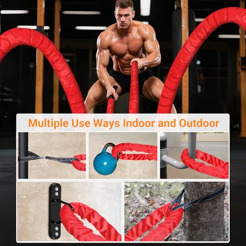 Battle Rope 1/1.26/1.5/2 Inch Diameter,Pink 30FT/40FT/50FT Exercise Workout Ropes for Home Gym Heavy Weighted Training Rope for Working Out - style: 2 inch 30ft-Red