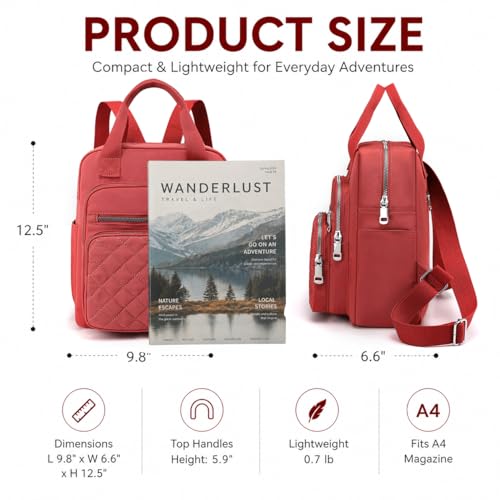 Small Backpack for Women Casual Quilted Square Bag Waterproof Multi Pockets Daypack Lightweight Top Handle Satchel - color: Orange Red