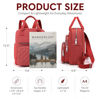 Small Backpack for Women Casual Quilted Square Bag Waterproof Multi Pockets Daypack Lightweight Top Handle Satchel - color: Orange Red
