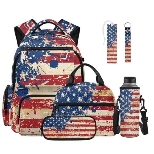 Talayituse American Flag Print 6 Pcs Kids School Backpack Set with Lunch Bag, Pencil Case & Water Bottle Holder, Bookmark & Keychain– for Boys Back-to-School Travel Bapack 4th of July - color: American Flag