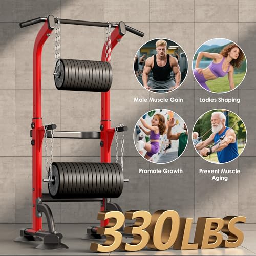 SogesPower Power Tower Dip Station Pull Up Bar for Home Gym Adjustable Height Strength Training Workout Equipment,Pull Up Bar Station - color: Red