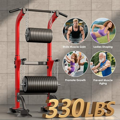 SogesPower Power Tower Dip Station Pull Up Bar for Home Gym Adjustable Height Strength Training Workout Equipment,Pull Up Bar Station - color: Red