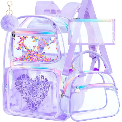 gxtvo 3PCS Clear Backpack, Women’s Sequins Transparent Bookbag Set, Cute Heavy Duty See-Through School Bag for Teens and Elementary Students – Flower Purple Love - color: Flower Purple Love Clear Backpack Set