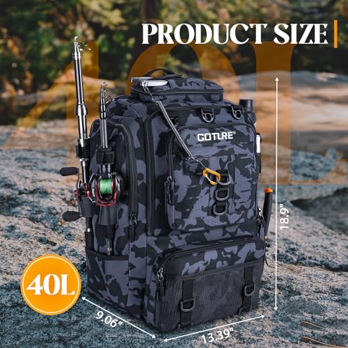Goture 40L Fishing Tackle Backpack with Cooler and Removable Bait Binder, 900D Water-Resistant Tackle Backpack with 2 Rod Holders, Fishing Bag Storage Gear Tackle Bag with Rain Cover Camouflage - color: Camouflage, size: A - Trays not included
