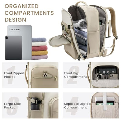 LOVEVOOK 50L Travel Backpack for Women & Men, Airline Approved Carry On Luggage with 3 Packing Cubes, TSA Overnight Bags, Waterproof Personal Item Bag, Weekender Essentials Backpacks fits 17" Laptop - color: Light Grey-beige-pink, size: X-Large