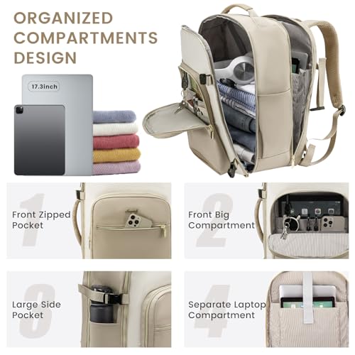 LOVEVOOK 50L Travel Backpack for Women & Men, Airline Approved Carry On Luggage with 3 Packing Cubes, TSA Overnight Bags, Waterproof Personal Item Bag, Weekender Essentials Backpacks fits 17" Laptop - color: Light Grey-beige-pink, size: X-Large