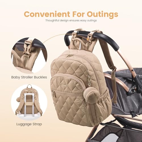 LOVEVOOK Diaper Bag Backpack,Puffer Quilted Baby Diaper Bag with Insulated Pockets,Travel Diaper Backpack for Boys Girls with Changing Pad,Water-Resistant Baby Bag for Mom Dad,Khaki - color: Khaki