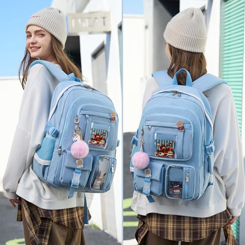 Backpack for Girls with Accessories Laptop Bookbags 16 Inch Kawaii Kids Elementary Middle High School Bag College Travel Daypack Gifts for Teens Women Students (Blue) - color: Blue