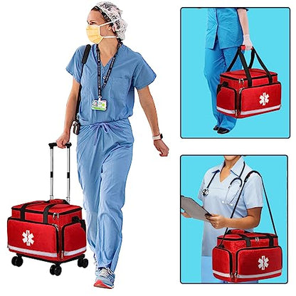 Medical Bag Rolling Roller Bag Trolley Duffel Nurses EMT CNA RN Empty for First Aid Responder Home Health Care Nursing Student Roll Duffle Bag Carry on Wheels Wheeled Work Physicians Doctor - color: Red