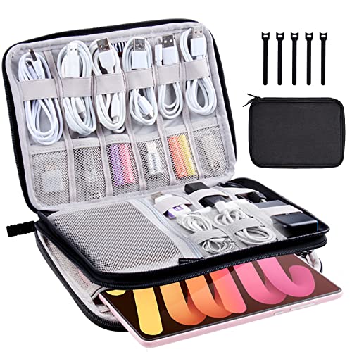 Electronics Organizer Travel Case Cord Cable Charger Organizer Bag Travel Accessories Essentials for Women Men Double Layers Tech Pouch with 5 Cable Ties for Phone Power Bank SD Card USB, Black - color: A-black