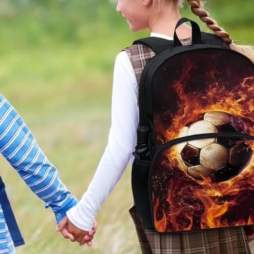 Talayituse Soccer Fire Water Print School Backpack for Kids Girls Casual Daypack Large Capacity Lightweight Bookbag with Side Water Bottle Holder for Middle School Primary Rucksack - color: Soccer Fire Water