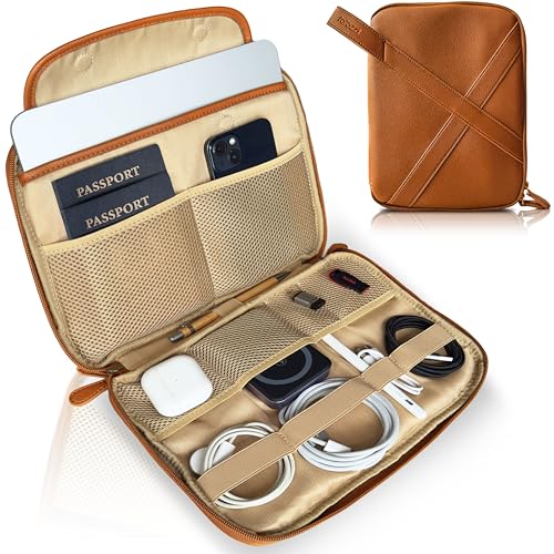 rofozzi Vegan Leather Travel Tech Pouch, Electronics & Cable Case Organizer with Padded 11-Inch Tablet Sleeve and Passport Pockets - color: Caramel