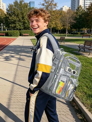 Double-Layer Clear Backpack Heavy Duty, 17 Inch Large Clear Bookbag, Transparent See Through Backpack For School, Work, College, Travel, Sport- Light Grey - color: 1# Light Grey, style: Pro Series (Double Layer)