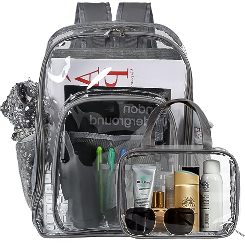 2 Pieces Heavy Duty Clear Backpack, Gray PVC Waterproof Transparent Bags With Cosmetic Bag, See Through Book Bag With Lunch Bag, Stadium Approved, Reinforced Strap, School, Work, Women, Men, Boy, Girl