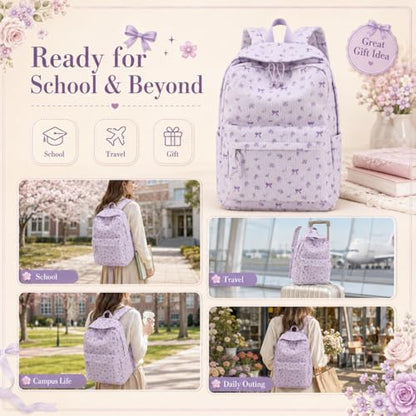 LEDAOU School Backpack for Teen Girls Elementary Middle School Bookbag Kids Backpacks Women Laptop Backpack Travel Daypack (Flower Bow - Purple) - color: Flower Bow - Purple