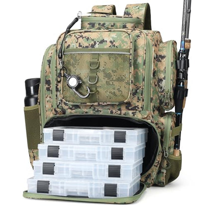 WANOON Fishing Backpack, Ttackle Bag,with Tackle Boxes. Large Fishing Bag Strong Materials - color: Camouflage Black, size: 42L-With Tackle Boxes