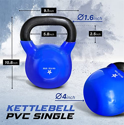 Yes4All Kettlebell, 5-100 LB Vinyl Coated Cast Iron Strength Training Kettlebells for Home Gym Exercises, Fitness, Full Body Workout Equipment, Push Ups, and Grip Strength - color: K. 50LB - Dark Blue, style: Vinyl Coated