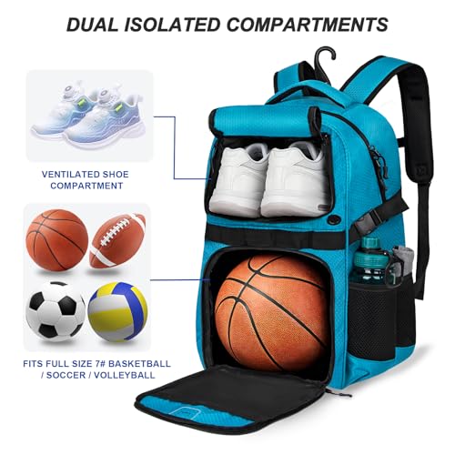Basketball Backpack with Separate Ball & Ventilated Shoe Compartment, Sports Bag with Hook for Men Women Teens Training Travel - color: Blue