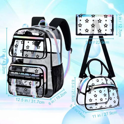 KLFVB 3PCS Clear School Backpack Heavy Duty, Girls See Through Bookbag Set, Cute Transparent Bag for Women - Star Black - color: Star Black Clear Backpack