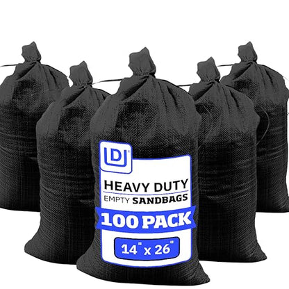 DURASACK Heavy Duty Sand Bags with Tie Strings Empty Woven Polypropylene Sand-Bags for Flood Control with 1600 Hours of UV Protection, 50 lbs Capacity, 14x26 inches, Black, Pack of 100 - color: Black, size: 100 Sandbags