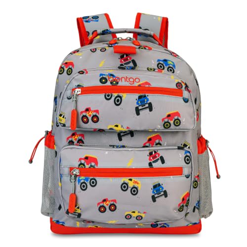 Bentgo Kids Backpack - Lightweight 14” Backpack in Fun Prints for School, Travel, & Daycare, Ideal for Ages 4+, Roomy Interior, Durable & Water-Resistant Fabric, & Loop for Lunch Bag (Trucks) - color: Trucks